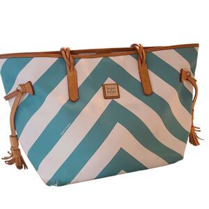 Dooney & Bourke Turquoise & White Chevron Leather Trim Tote Shoulder Handbag